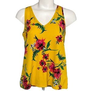 Express Yellow Pink Floral Sleeveless V Neck‎ Stretch Top sz XS
